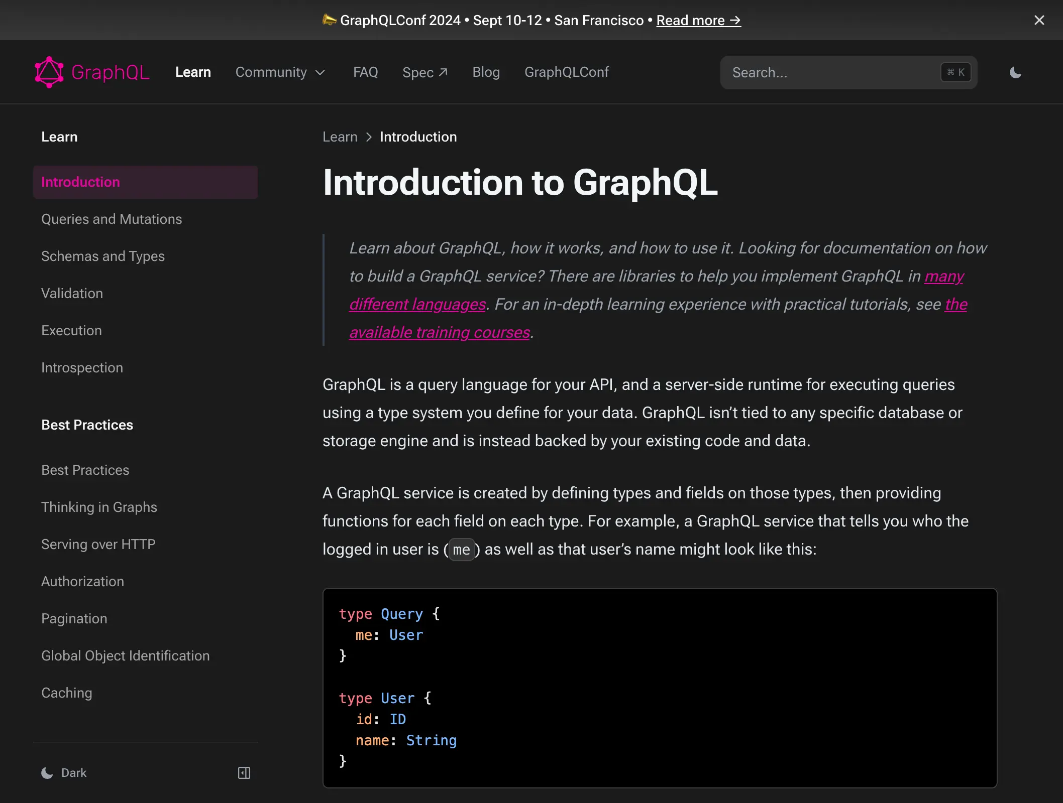 Screenshot of graphql.org v2 learn page